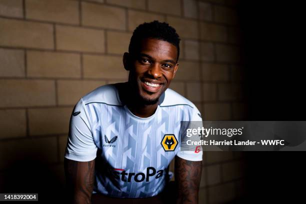 Nelson Semedo of Wolverhampton Wanderers poses for a portrait in the 2022/23 Third Kit during the Wolverhampton Wanderers Media Access Day at...