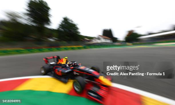 Isack Hadjar of France and Hitech Grand Prix drives on track during the Round 7:Spa-Francorchamps Sprint race of the Formula 3 Championship at...