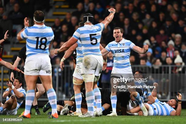 Juan Cruz Mallia of the Pumas celebrates a penalty during The Rugby Championship match between the New Zealand All Blacks and Argentina Pumas at...