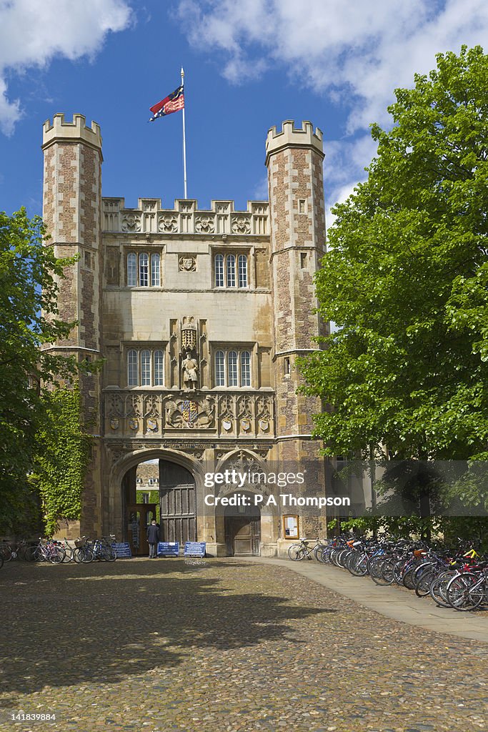 Gate to Trinity College and rows of bicycles, Cambridge, England