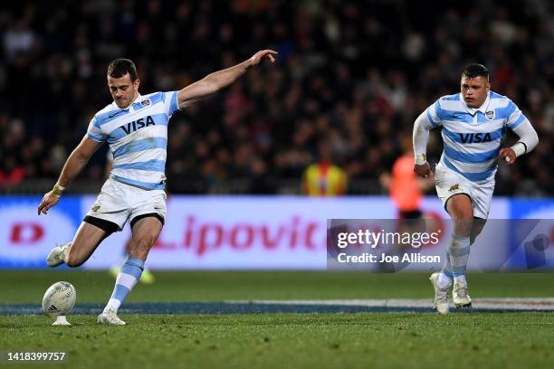 Emiliano Boffelli of Argentina kicks at goal during The Rugby Championship match between the New Zealand All Blacks and Argentina Pumas at...