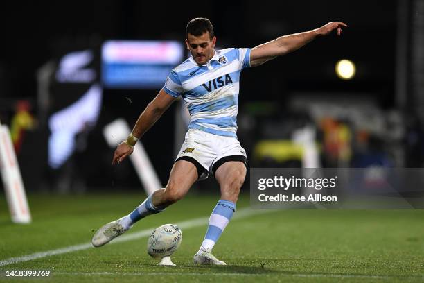 Emiliano Boffelli of Argentina kicks at goal during The Rugby Championship match between the New Zealand All Blacks and Argentina Pumas at...