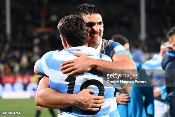 Pablo Matera of the Pumas hugs Santiago Carreras of the Pumas after winning The Rugby Championship match between the New Zealand All Blacks and...
