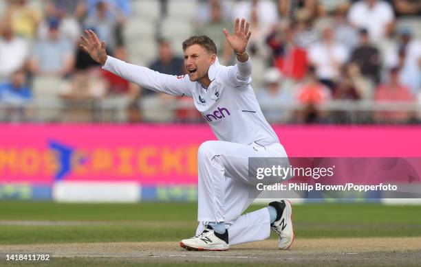 Joe Root of England appeals during the third day of the second Test between England and South Africa at Old Trafford on August 27, 2022 in...