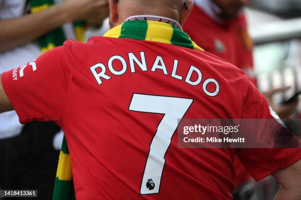 Detailed view of a Manchester United fans' shirt with Cristiano Ronaldo's name on the back prior to the Premier League match between Southampton FC...