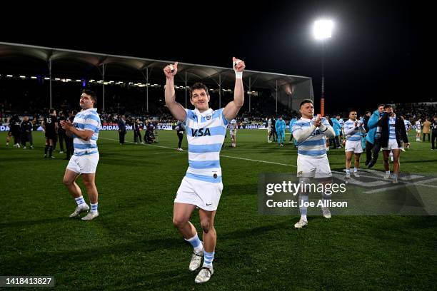 Tomas Cubelli of Argentina celebrates following The Rugby Championship match between the New Zealand All Blacks and Argentina Pumas at Orangetheory...