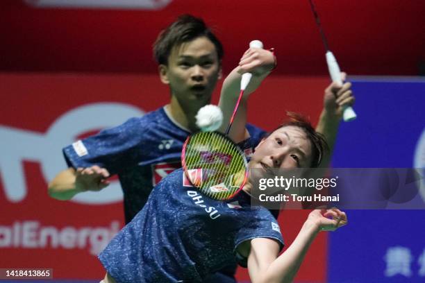 Yuta Watanabe and Arisa Higashino of Japan compete in the Mixed Doubles Semi Finals match against Mark Lamsfuss and Isabel Lohau of Germany on day...