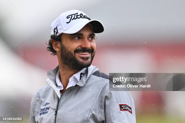 Clement Sordet of France smiles on the 1st hole on Day Three of the Dormy Open at Österåkers Golfklubb on August 20, 2022 in Stockholm, Sweden.