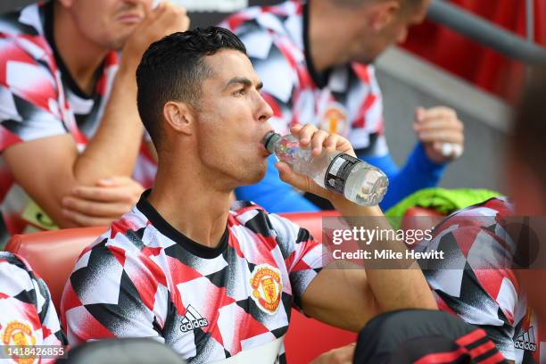 Cristiano Ronaldo of Manchester United looks on from the bench prior to the Premier League match between Southampton FC and Manchester United at...