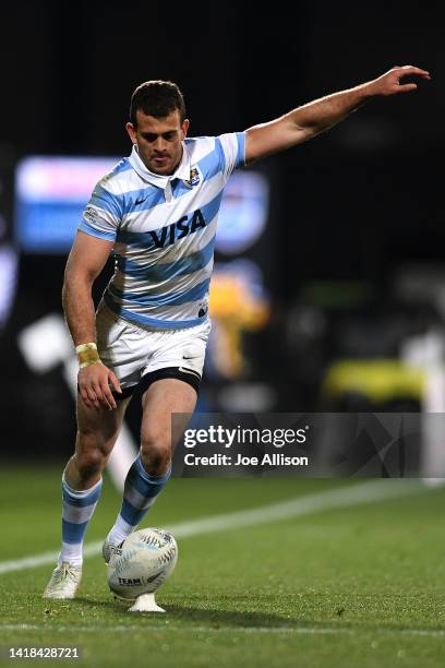 Emiliano Boffelli of Argentina kicks at goal during The Rugby Championship match between the New Zealand All Blacks and Argentina Pumas at...