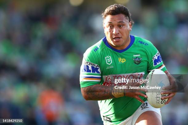 Josh Papalii of the Raiders runs the ball during the round 24 NRL match between the Canberra Raiders and the Manly Sea Eagles at GIO Stadium on...