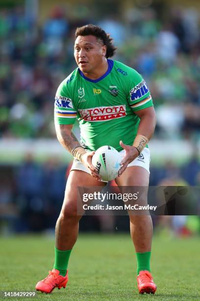 Josh Papalii of the Raiders runs the ball during the round 24 NRL match between the Canberra Raiders and the Manly Sea Eagles at GIO Stadium on...