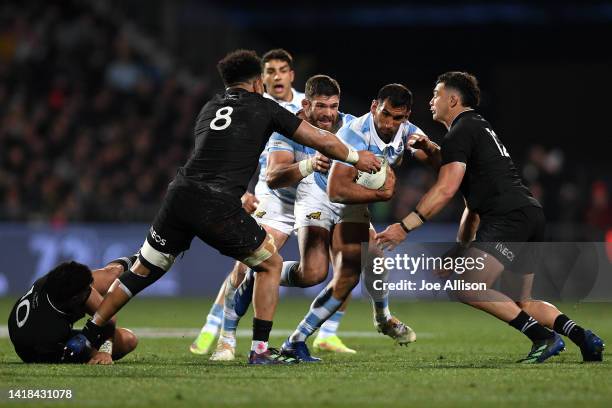 Matías Orlando of Argentina charges into the defence during The Rugby Championship match between the New Zealand All Blacks and Argentina Pumas at...