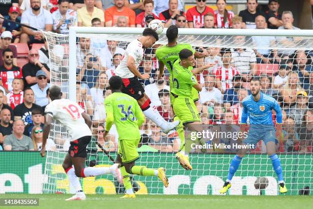 Che Adams of Southampton heads the ball over during the Premier League match between Southampton FC and Manchester United at Friends Provident St....