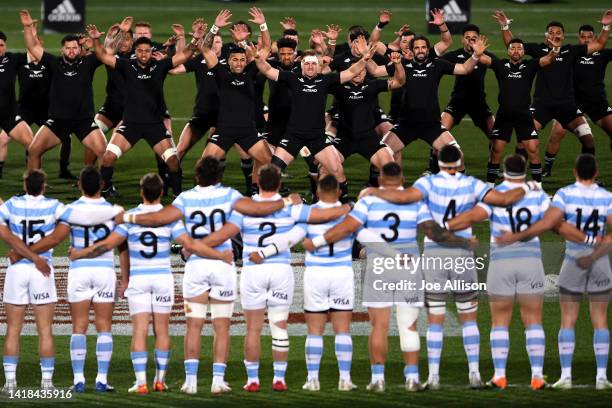 New Zealand perform the Haka during The Rugby Championship match between the New Zealand All Blacks and Argentina Pumas at Orangetheory Stadium on...