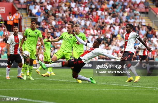 Armel Bella-Kotchap of Southampton shoots over the bar during the Premier League match between Southampton FC and Manchester United at St. Mary's...