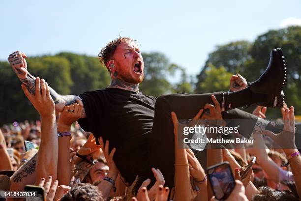 Frank Carter of Frank Carter & The Rattlesnakes performs on Main Stage East on Day 2 of Leeds Festival on August 27, 2022 in Leeds, England.