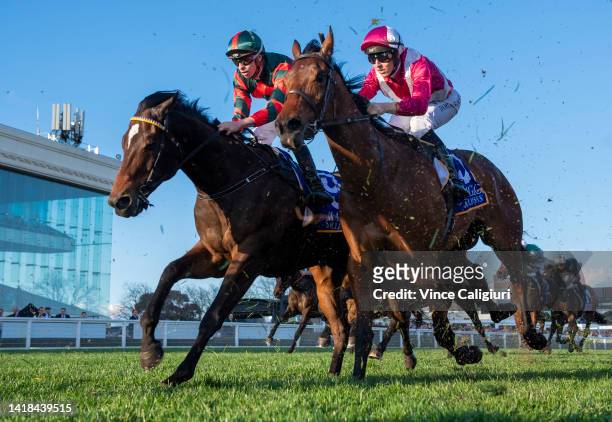 Michael Dee riding Dragon Leap and Damian Lane riding Western Empire finishing unplaced in Race 8, the Magic Millions Memsie Stakes, during Melbourne...