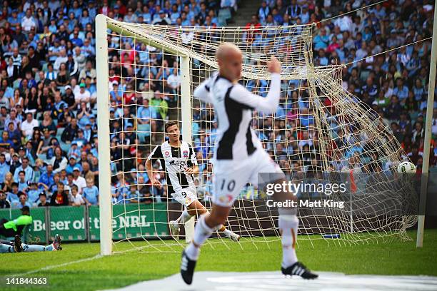 Michael Bridges of the Jets celebrates scoring a goal after a cross from Ruben Zadkovich during the round 25 A-League match between Sydney FC and the...