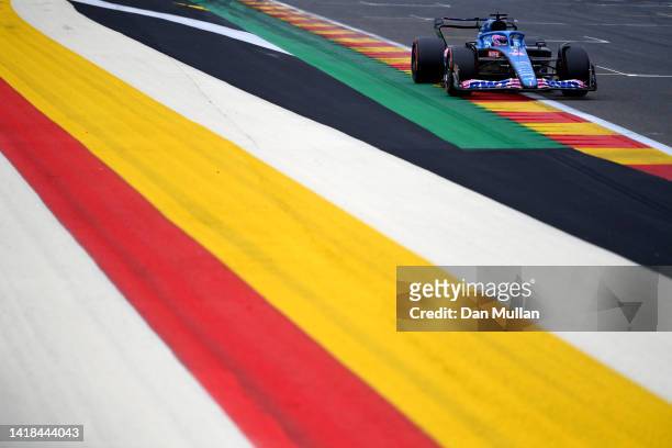 Fernando Alonso of Spain driving the Alpine F1 A522 Renault on track during final practice ahead of the F1 Grand Prix of Belgium at Circuit de...