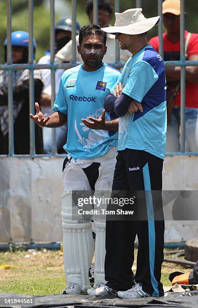 Mahela Jayawardene of Sri Lanka chats to coach Graham Ford during the Sri Lankan nets session at the Galle International Stadium on March 25, 2012 in...