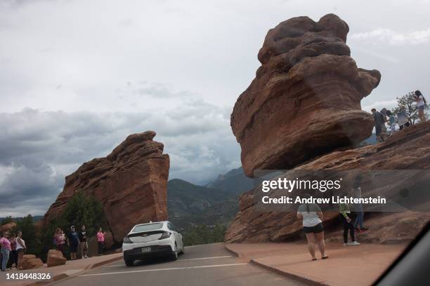 Tourists visit the popular Garden of the Gods on August 21, 2022 in Colorado Springs, Colorado.