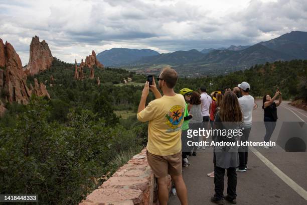 Tourists visit the popular Garden of the Gods on August 21, 2022 in Colorado Springs, Colorado.