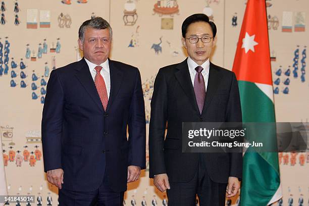 South Korean President Lee Myung-bak poses with King Abdullah II of Jordan during a meeting at the Presidential house on March 25, 2012 in Seoul,...