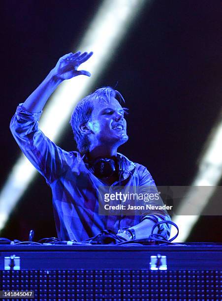 Avicii performs during the Ultra Music Festival at Bayfront Park Amphitheater on March 24, 2012 in Miami, Florida.