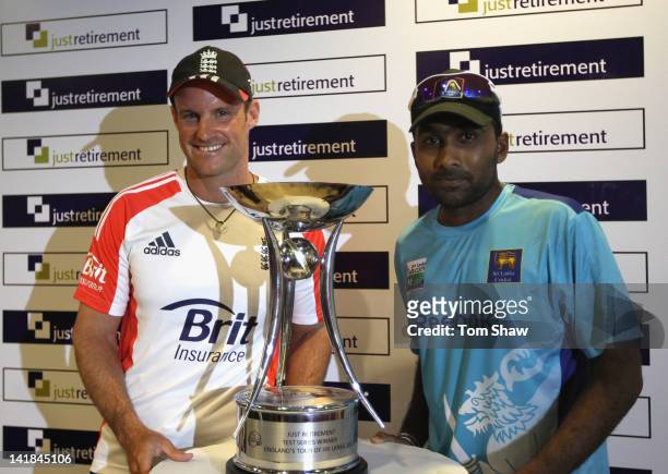 Captains Andrew Strauss of England and Mahela Jayawardene of Sri Lanka pose with the trophy during the press conference at the Galle International...