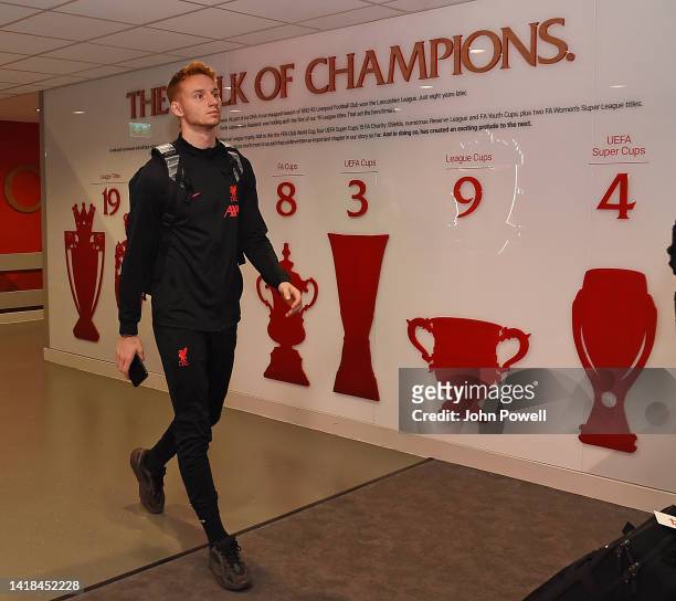 Sepp van den Berg of Liverpool arrives for the Premier League match between Liverpool FC and AFC Bournemouth at Anfield on August 27, 2022 in...