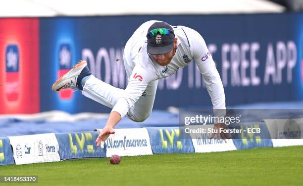 England fielder Jonny Bairstow makes a acrobatic stop on the boundary to save a four during day three of the Second test match between England and...