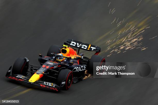 Sergio Perez of Mexico driving the Oracle Red Bull Racing RB18 on track during final practice ahead of the F1 Grand Prix of Belgium at Circuit de...