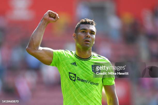 Casemiro of Manchester United celebrates after their sides victory during the Premier League match between Southampton FC and Manchester United at...
