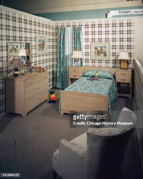 Furniture Settings at Marshall Field & Company, Cowboy theme boys bedroom, Chicago, Illinois, February 26, 1943.