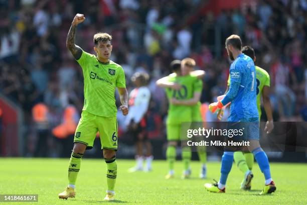 Lisandro Martinez of Manchester United celebrates after their sides victory during the Premier League match between Southampton FC and Manchester...