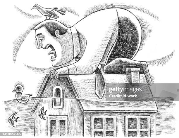 businessman holding drowned house and screaming drawing - cartoon strip stock illustrations