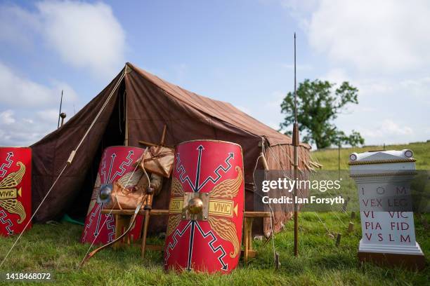 Roman soldiers tent is pitched at Birdoswald Roman Fort on August 27, 2022 in Hexham, United Kingdom. 2022 is the 1900 anniversary of the building of...