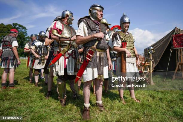 Roman soldiers re-enactors prepare to give a demonstration of their weaponry at Birdoswald Roman Fort on August 27, 2022 in Hexham, United Kingdom....