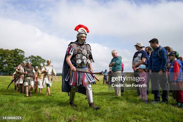 Roman soldiers re-enactors prepare to give a demonstration of their weaponry at Birdoswald Roman Fort on August 27, 2022 in Hexham, United Kingdom....