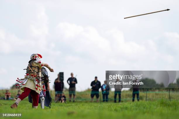 Roman re-enactors give a demonstration of Roman weaponry at Birdoswald Roman Fort on August 27, 2022 in Hexham, United Kingdom. 2022 is the 1900...