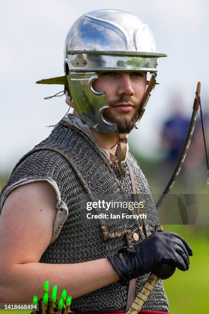 Roman re-enactors give a demonstration of Roman weaponry at Birdoswald Roman Fort on August 27, 2022 in Hexham, United Kingdom. 2022 is the 1900...