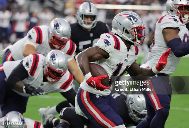 Wide receiver Ty Montgomery of the New England Patriots runs against the Las Vegas Raiders during their preseason game at Allegiant Stadium on August...