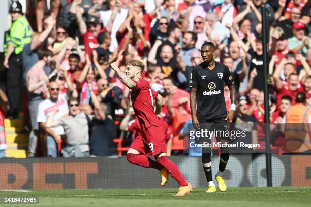 Harvey Elliott of Liverpool celebrates after scoring their team's second goal during the Premier League match between Liverpool FC and AFC...