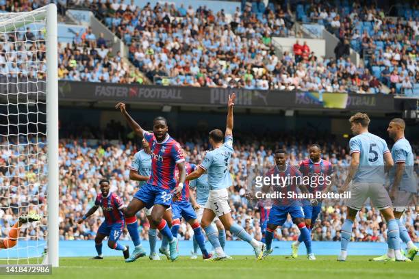John Stones of Manchester City scores an own goal for Crystal Palace's first goal during the Premier League match between Manchester City and Crystal...