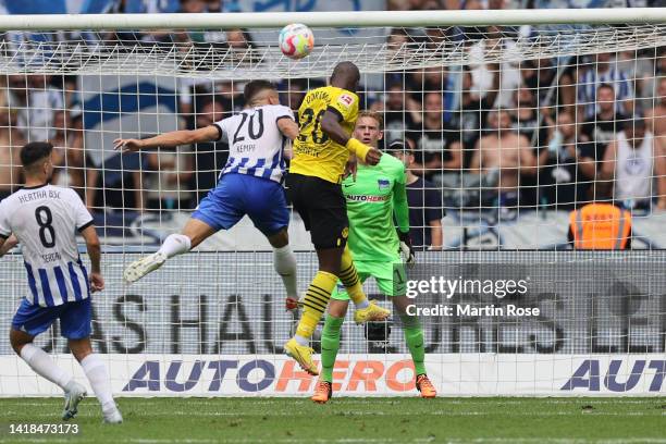 Anthony Modeste of Borussia Dortmund scores their sides first goal during the Bundesliga match between Hertha BSC and Borussia Dortmund at...