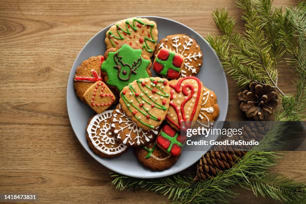 selection of gingerbread cookies - holiday dinner plate stock pictures, royalty-free photos & images