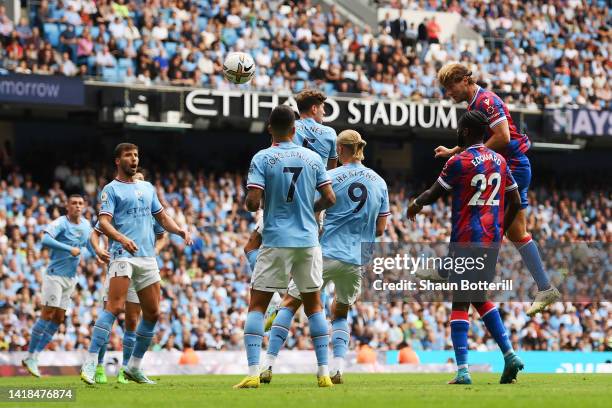 Joachim Andersen of Crystal Palace scores their sides second goal during the Premier League match between Manchester City and Crystal Palace at...