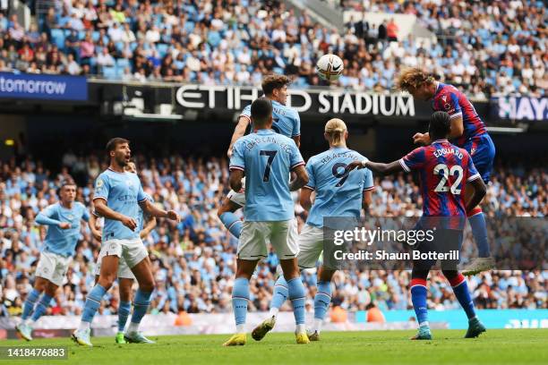 Joachim Andersen of Crystal Palace scores their sides second goal during the Premier League match between Manchester City and Crystal Palace at...