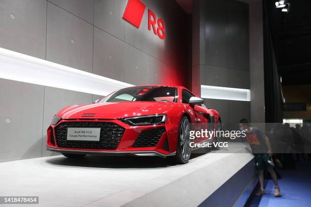 An Audi R8 V10 Coupe Performance is on display during Chengdu Motor Show 2022 at Western China International Expo City on August 26, 2022 in Chengdu,...